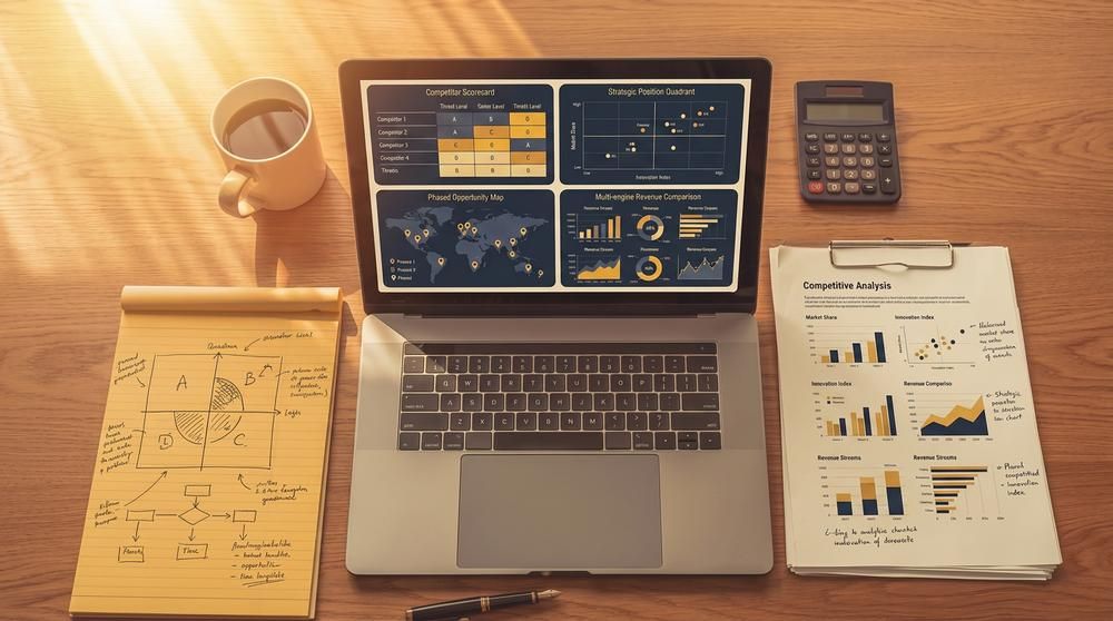 Desk with laptop showing analytics dashboards, calculator, and handwritten notes on a wooden workspace.