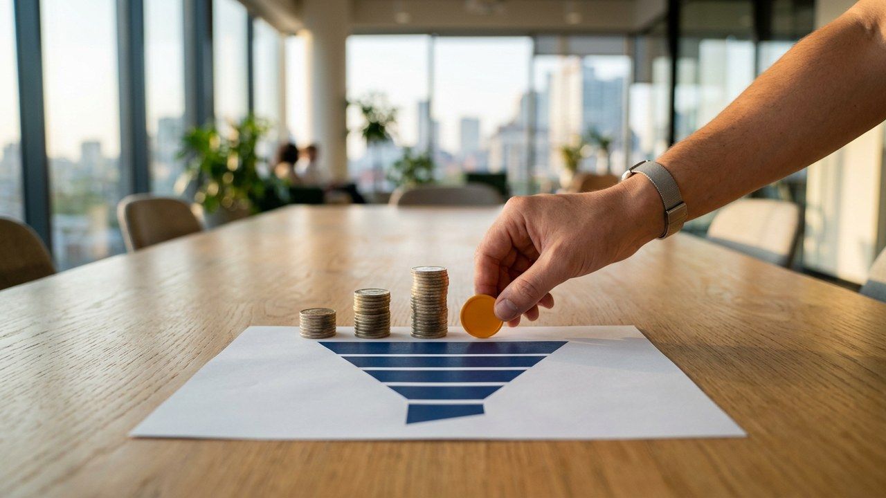 Hand moving a token between coin stacks beside a printed sales funnel, illustrating data-driven marketing budget reallocation