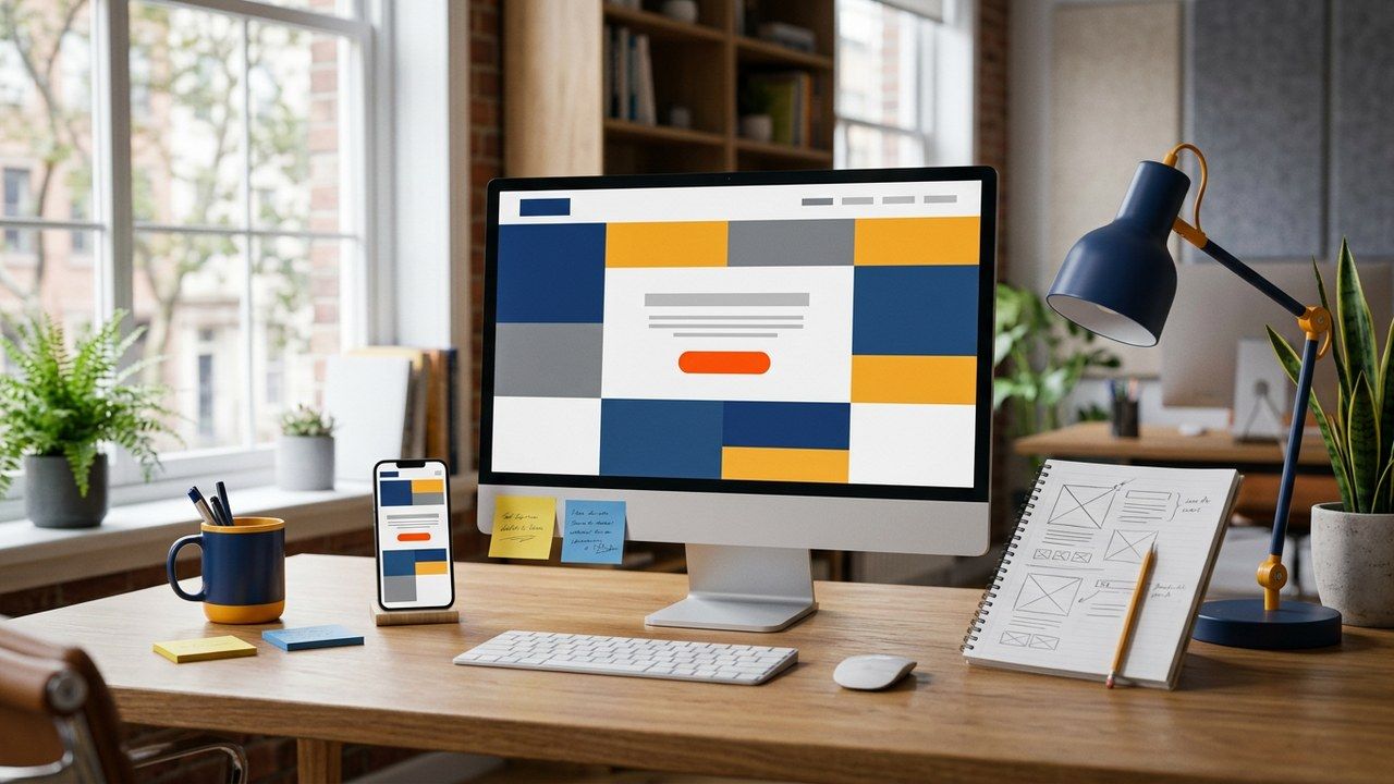 Web design workspace with monitor, phone, and wireframes for a marketing-driven site in Reading PA