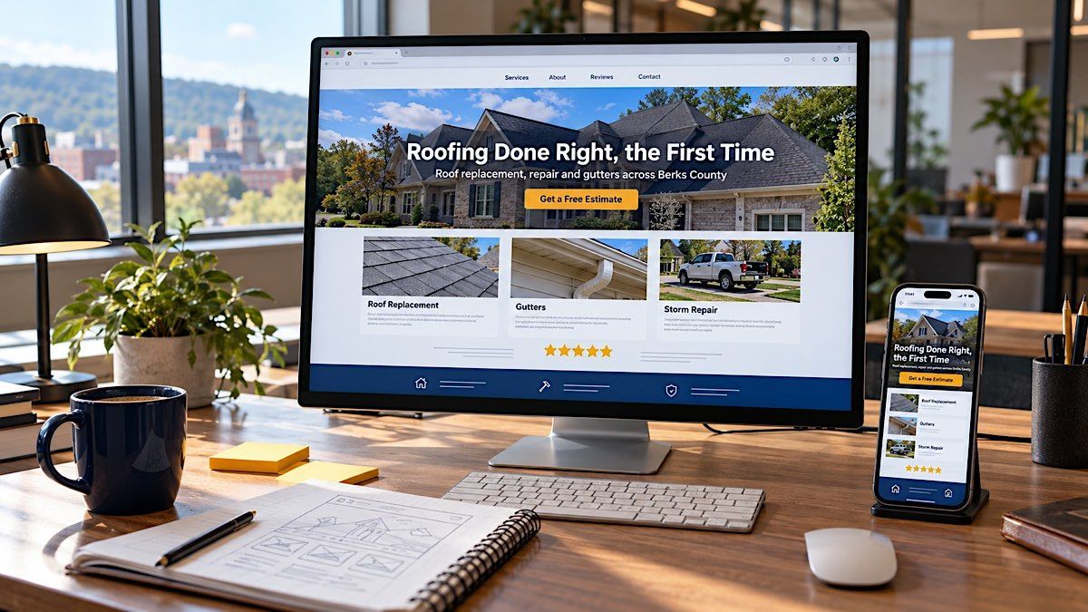 Web design workspace with monitor, phone, and wireframes for a marketing-driven site in Reading PA