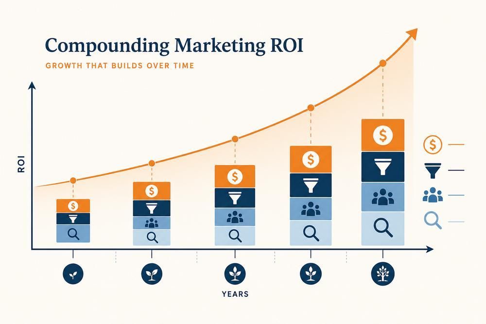 Chart titled “Compounding Marketing ROI” with stacked blue and orange bars and a rising orange line over time.