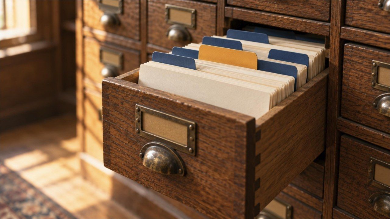 Open wooden card catalog drawer with navy and saffron index tabs, symbolizing on-page SEO structure