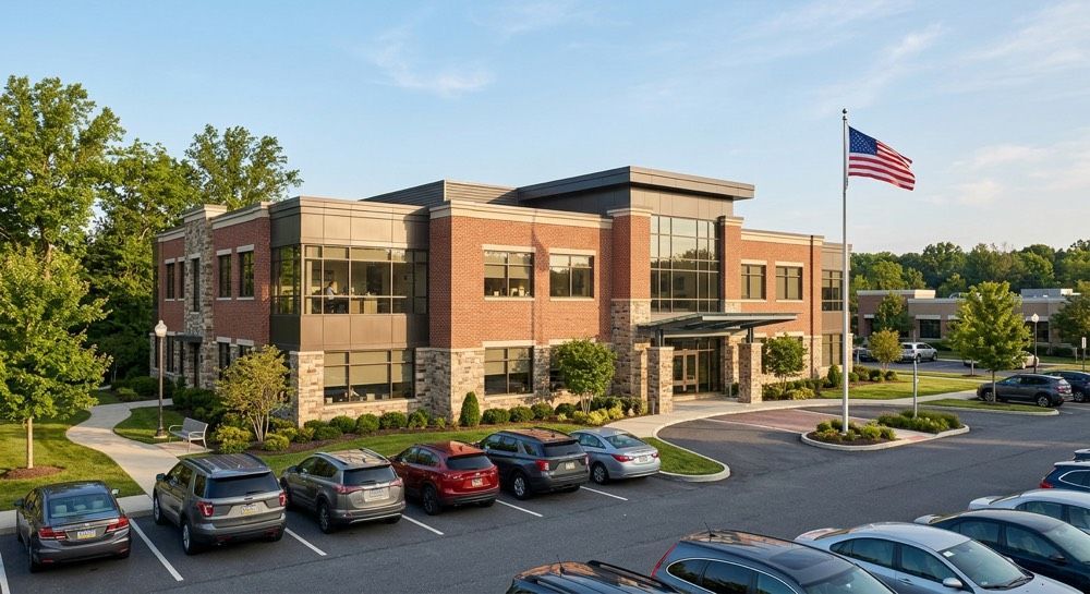 Brick office building with parking lot and American flag on a sunny day