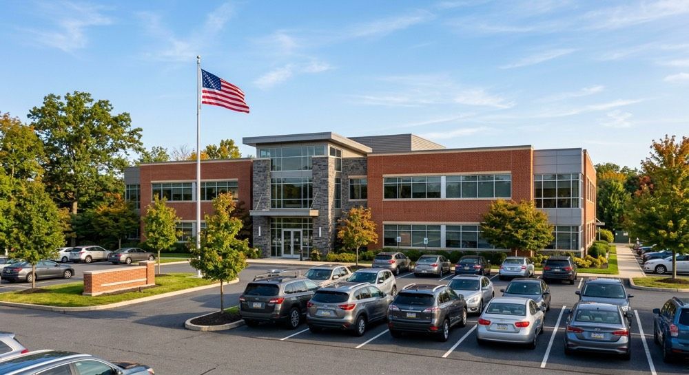Brick office building with American flag and parked cars in front under a clear sky