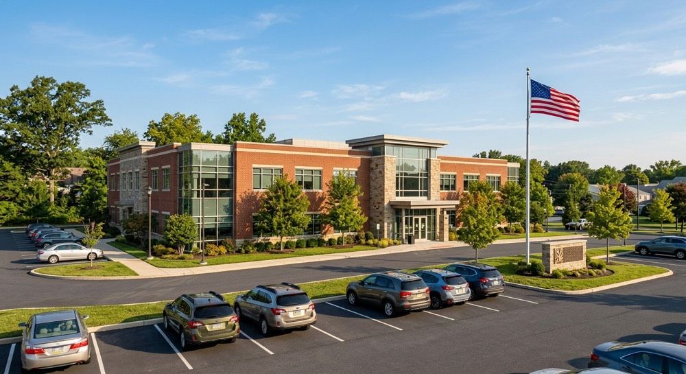 Modern brick municipal building with parking lot and large U.S. flag flying outside