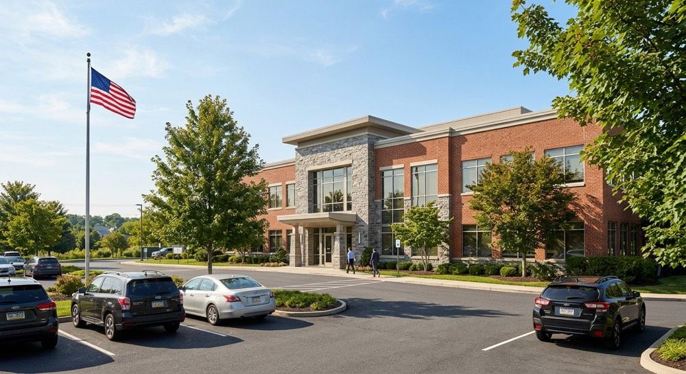 Brick office building with an American flag, parked cars, and trees on a sunny day