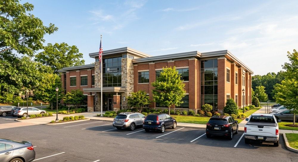 Brick office building with American flag, trees, and parked cars in a sunny lot