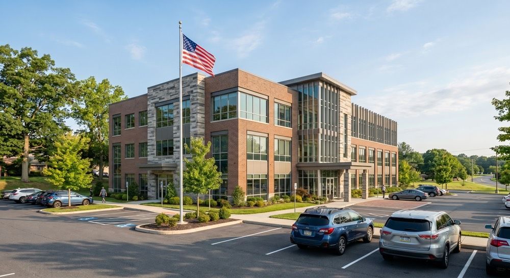 Brick office building with American flag, trees, and parked cars in a sunny lot