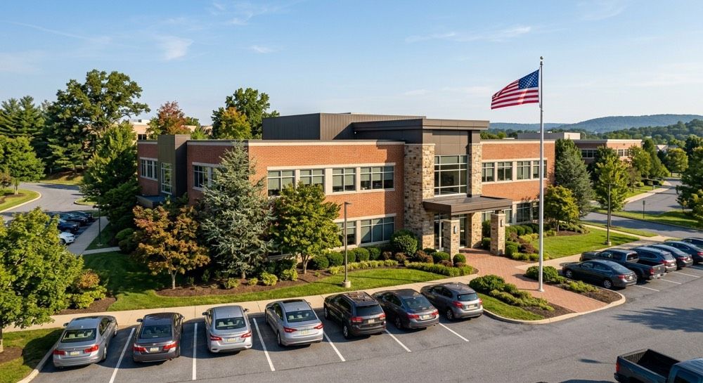 A brick office building with an American flag, parking lot, and trees on a sunny day