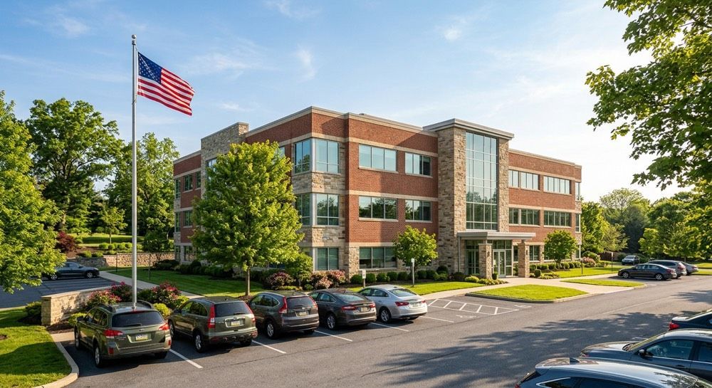 Brick office building with parked cars and a U.S. flag under a clear blue sky