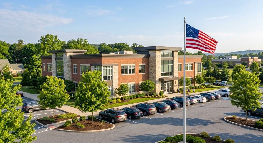 Modern brick office building with parked cars and a large American flag in front