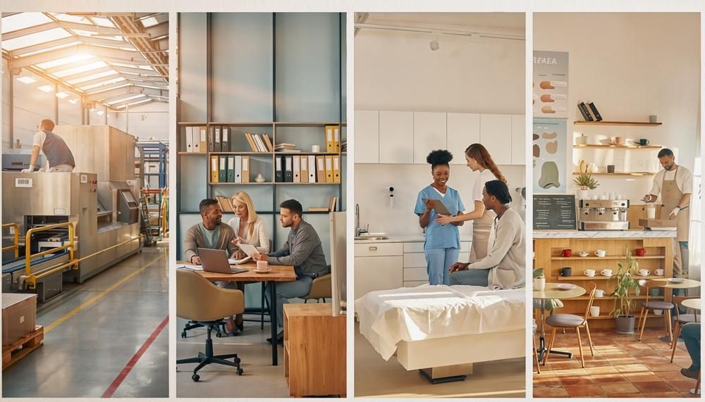 Four cozy office and living spaces with people working, dining, and relaxing in warm natural light