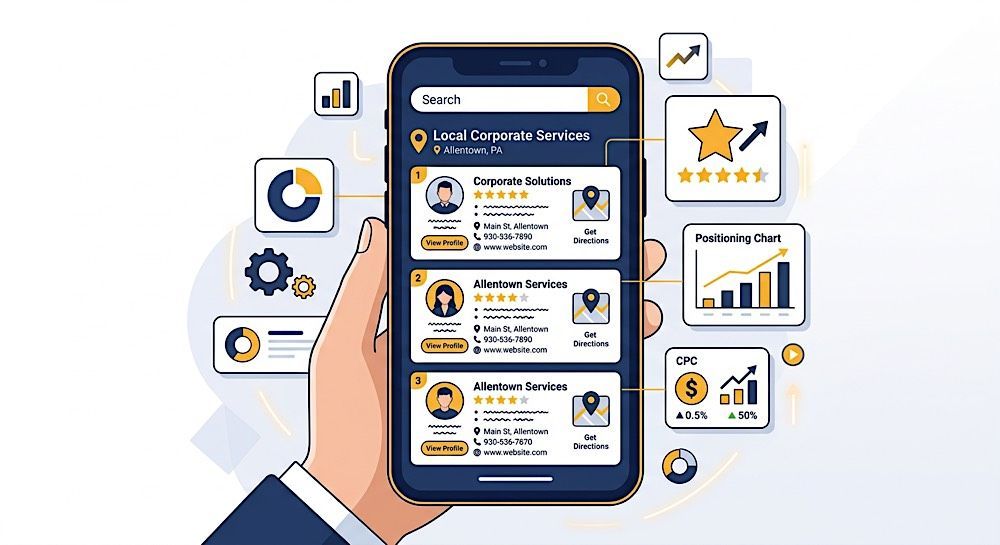 Hand holding a smartphone with a team dashboard, analytics charts, and rating widgets floating around it