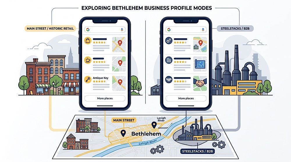 Infographic of Bethlehem business profile nodes with two smartphone screens and city illustrations on a white background