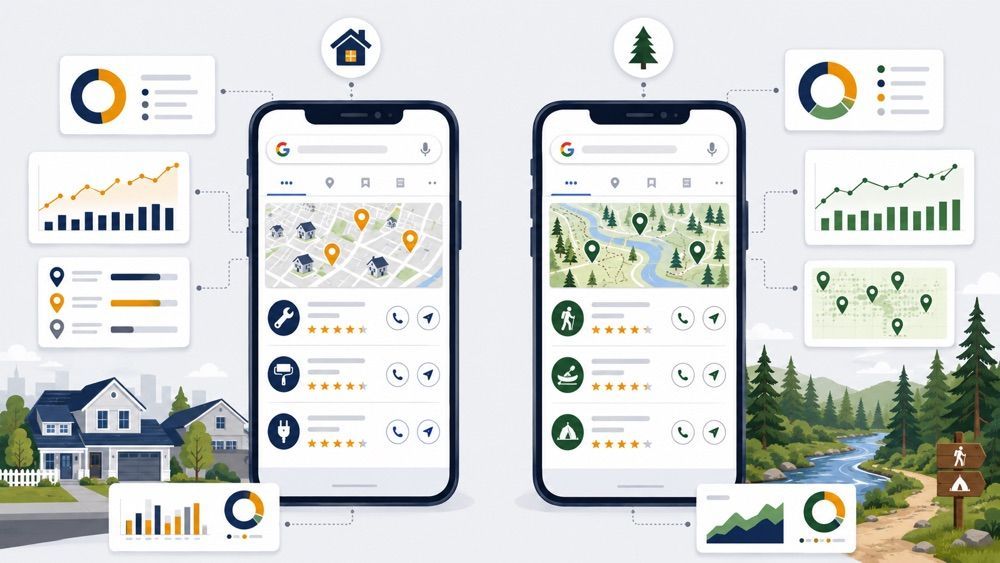 Infographic of a mobile business profile app with maps, listings, and city landmarks around two smartphones