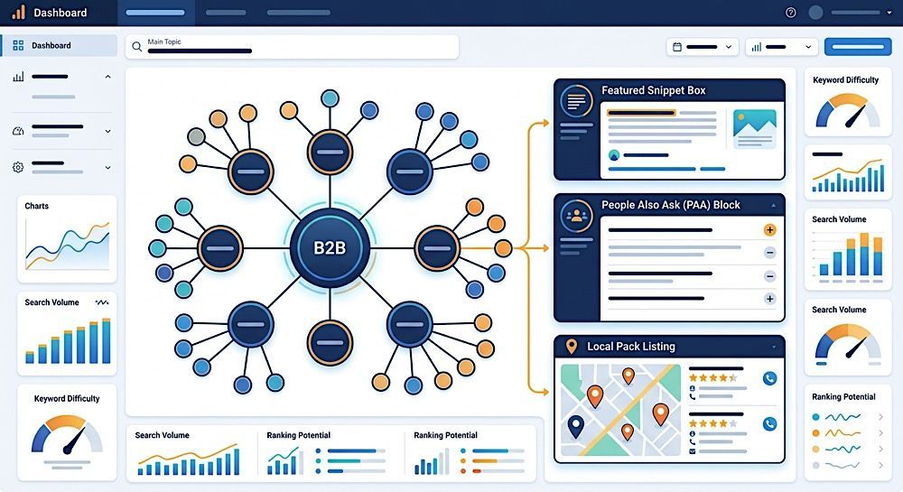 Blue analytics dashboard with network diagram, charts, widgets, and map panels