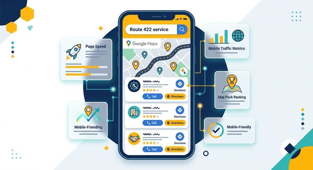 Smartphone delivery tracking app with map, route pins, and status cards in blue and yellow