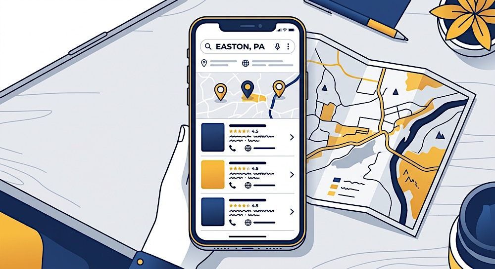 Smartphone showing a route map and location pins on a desk with papers and a pen