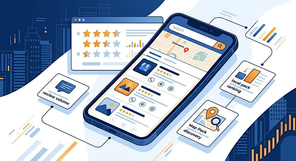 Smartphone app dashboard with ratings, analytics cards, and blue-orange finance charts on a white workspace