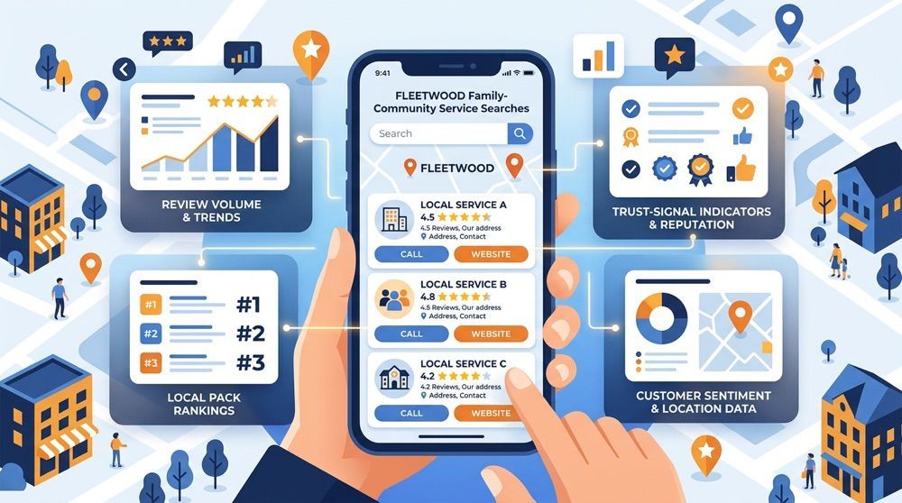Smartphone app dashboard with ratings, analytics cards, and blue-orange finance charts on a white workspace