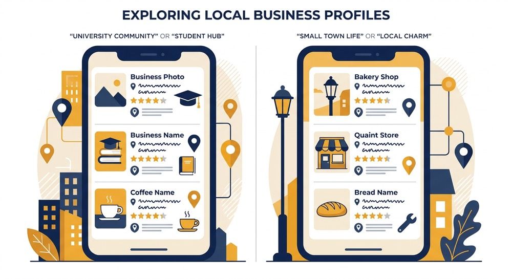 Illustration of two smartphones showing local business profiles and map pins in a cityscape.