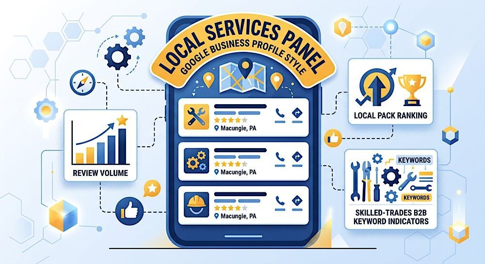 Illustrated local services panel dashboard with charts, icons, and service tiles in blue and yellow