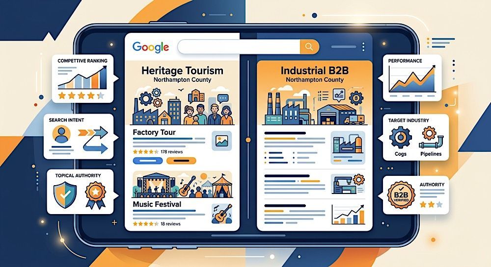 Dashboard-style laptop screen showing Google travel and industrial B2B analytics with charts and icons