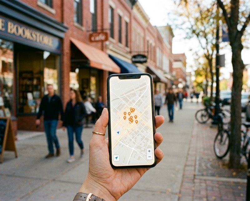 Smartphone showing local map results with downtown pins, the Map Pack visibility PMI builds for Reading, PA businesses