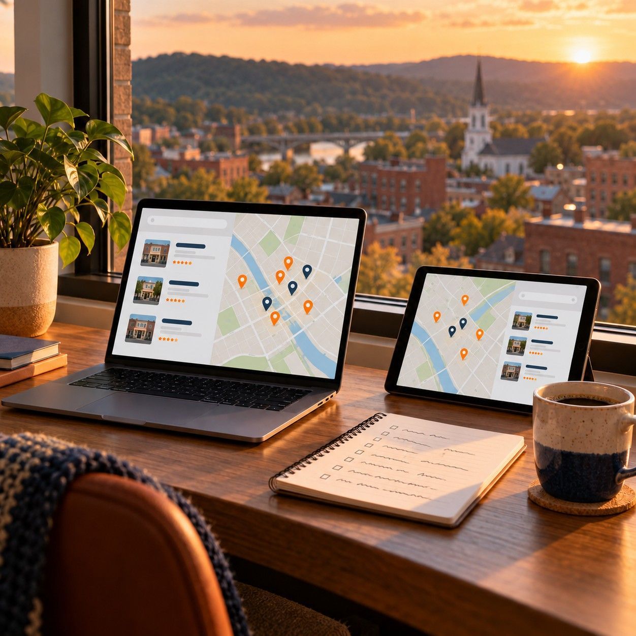 PMI SEO services report on a laptop and tablet showing search rankings and traffic growth for Berks County businesses
