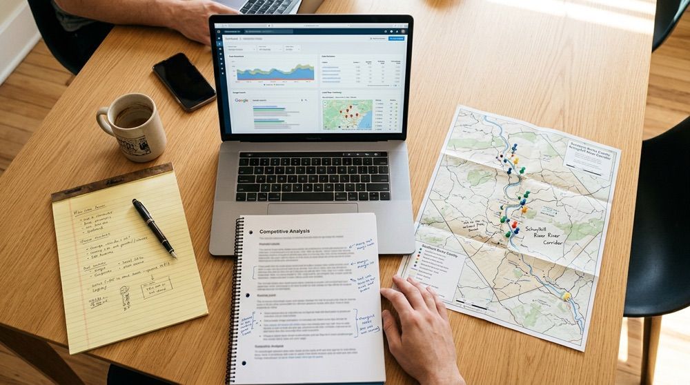 People collaborating at a wooden table with papers and a laptop showing charts and data