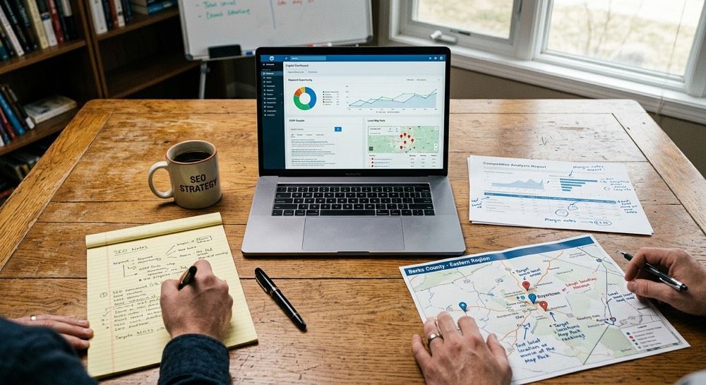 People planning over maps and notes at a wooden table with a laptop displaying a dashboard.