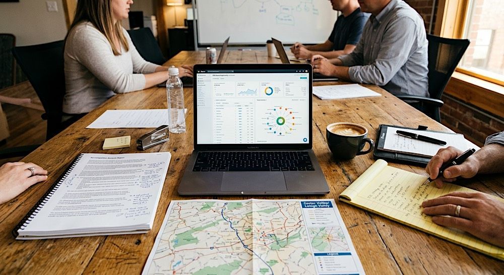 Team meeting around a laptop with charts and maps on a wooden conference table.
