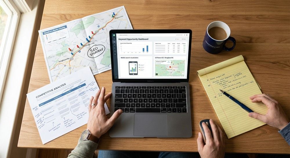 Hands working at a laptop on a wooden desk with papers, a notepad, and a coffee mug nearby.