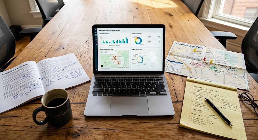 Laptop with analytics dashboard on a wooden desk, surrounded by notebook, coffee mug, map, and notepad with pen.