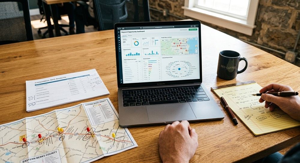 Overhead view of laptop, maps, notebook, and coffee mug on a wooden table, with someone taking notes