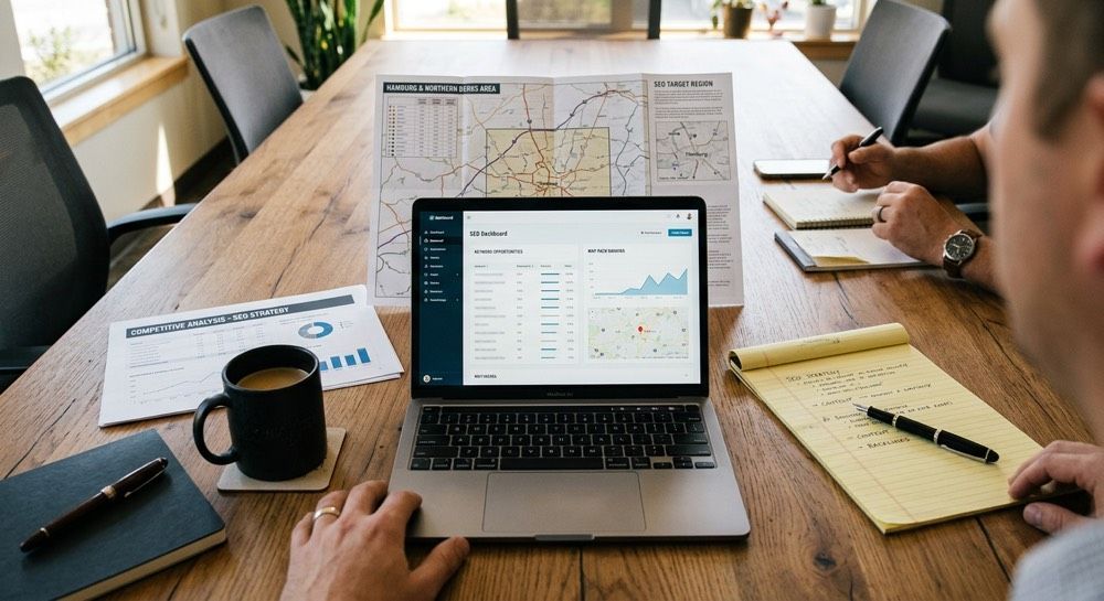 Team meeting around a laptop on a conference table with charts, notes, coffee, and tablets.