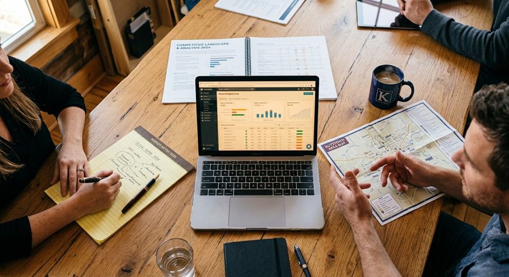 Team meeting around a laptop on a wooden table with charts, notes, coffee mugs, and hands taking notes