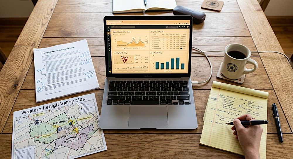 Laptop with charts on a wooden desk, surrounded by papers, maps, a coffee mug, and a hand writing notes.