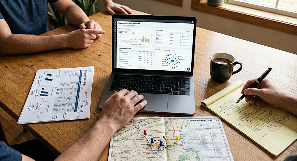 People collaborating at a table with laptop, maps, notebooks, and coffee for planning.