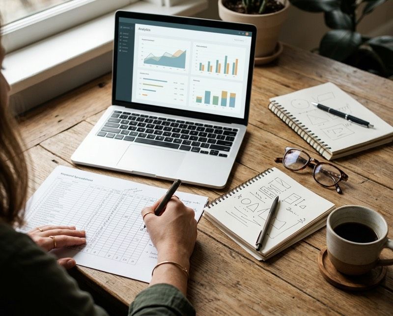 Keyword research and analytics review behind an SEO services Reading PA engagement, with printed rankings and a laptop dashboard.