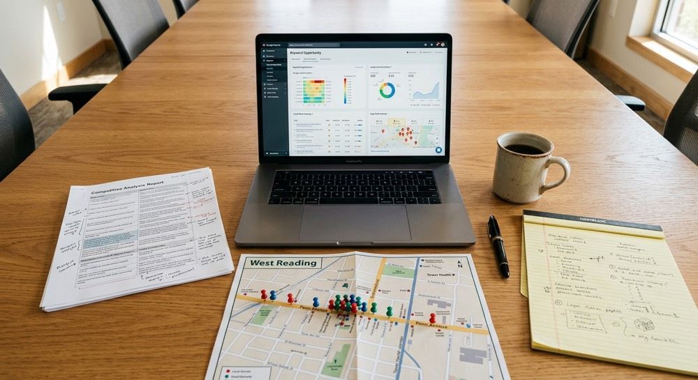 Workspace with laptop showing charts, map papers, notebook, and coffee mug on a wooden table