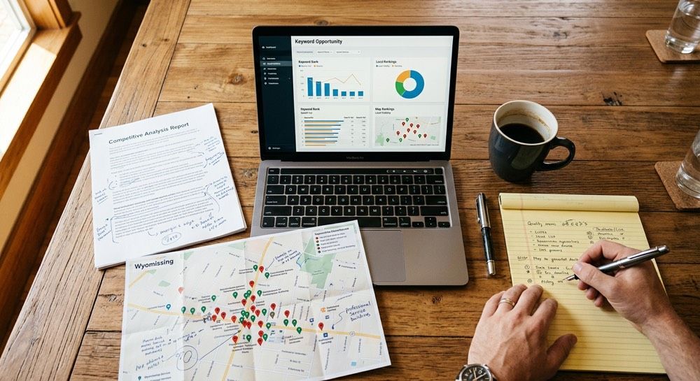 Desk with laptop showing charts, papers, coffee cup, and hands writing in a notebook.