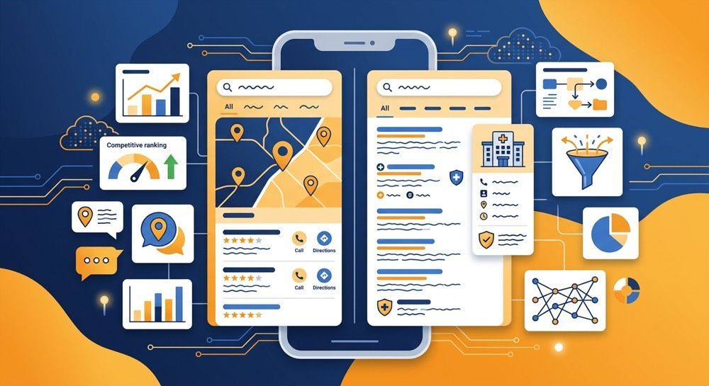 Smartphone analytics dashboard with maps, charts, graphs, and business app icons on blue and orange background