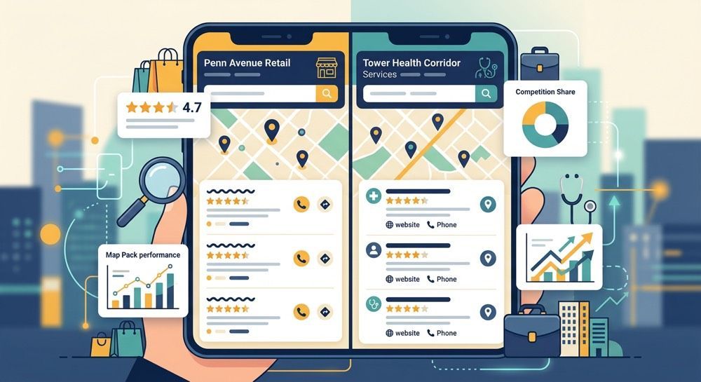 Two smartphone dashboards with charts, checklists, and analytics icons on a desk background