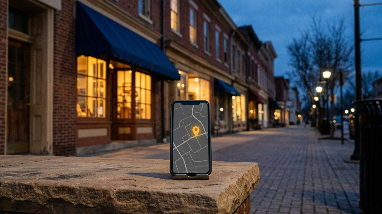 Small-town Pennsylvania main street storefronts at dusk with a smartphone map pin for local SEO
