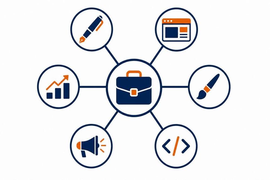 Business and marketing icons connected around a briefcase in blue and orange