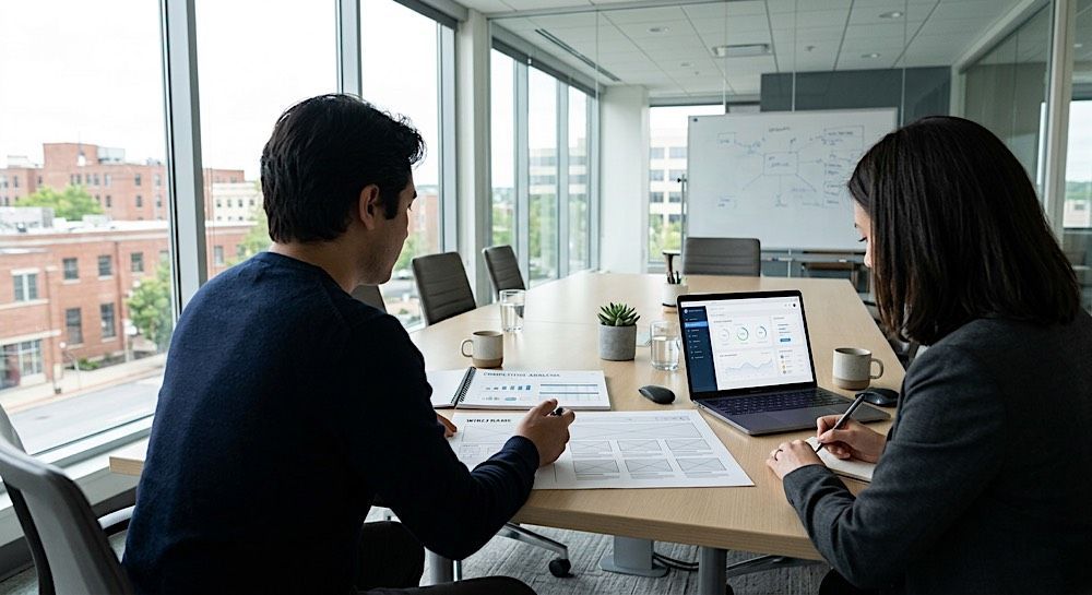 Two people working at a desk in a bright office, with a laptop, papers, and city view through large windows.