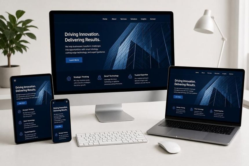 Desktop, laptop, tablet, and phone displaying a dark blue business website on a clean desk