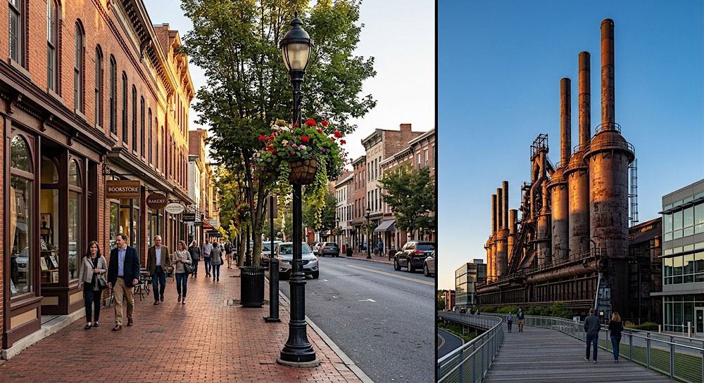 Split view of a brick-lined street with pedestrians on the left and an industrial skyline at sunset on the right