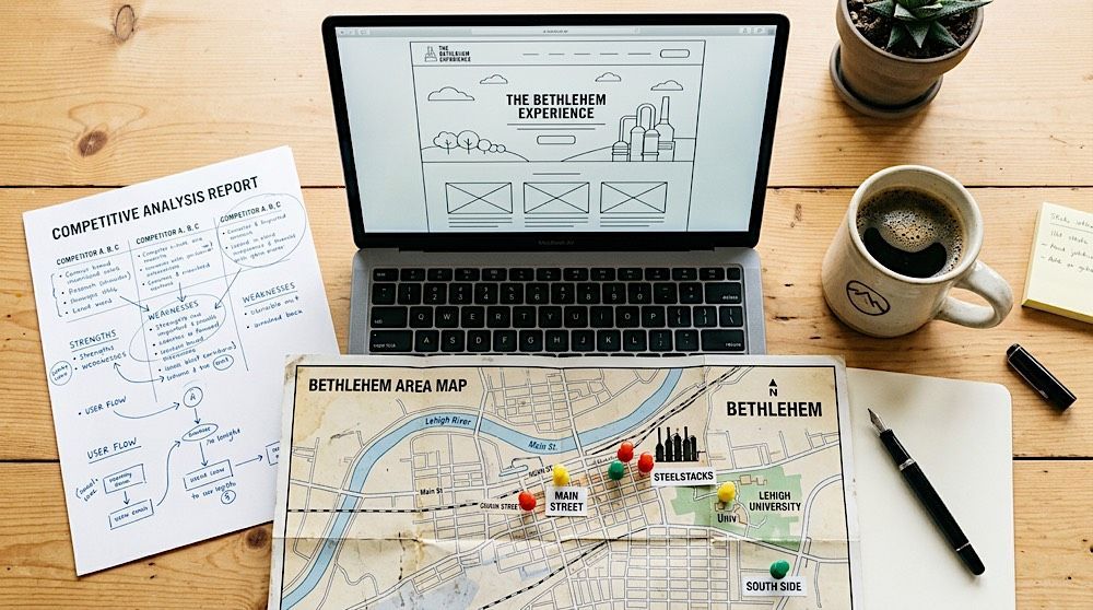 Laptop displaying a workflow, map, and notes on a desk with coffee, pen, and papers; planning workspace